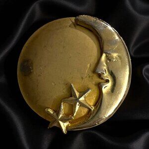 Vintage Gold‎ Tone Crescent Moon & Stars Brooch